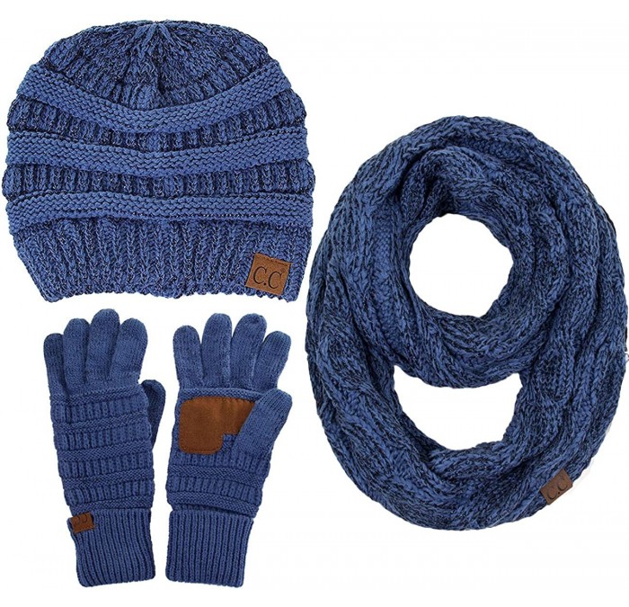 Skullies & Beanies 3pc Set Trendy Warm Chunky Soft Stretch Cable Knit Beanie Scarves Gloves Set - Metallic Dark Denim - CE187...