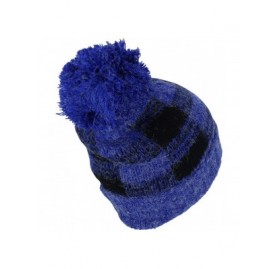 Cold Weather Headbands Buffalo Checkered Pom Cuff Winter Mohair Knit Beanie - Royal Black - CM18ITOR8OT $20.20