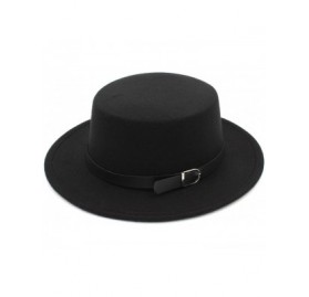 Fedoras Women Wool Blend Boater Hat Sailor Flat Top Bowler Cap Belt Buckle Band - Black - CV184X5DYZQ $9.33