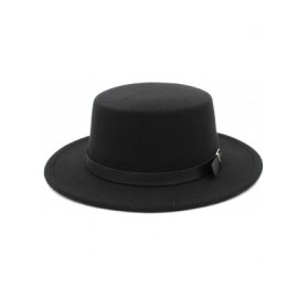 Fedoras Women Wool Blend Boater Hat Sailor Flat Top Bowler Cap Belt Buckle Band - Black - CV184X5DYZQ $9.33