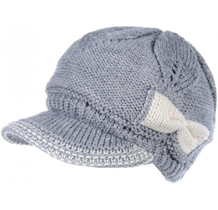 Skullies & Beanies Womens Winter Visor Cap Beanie Hat Wool Blend Lined Crochet Decoration - Heather Grey Bow - CO18WIZ6KRZ $3...