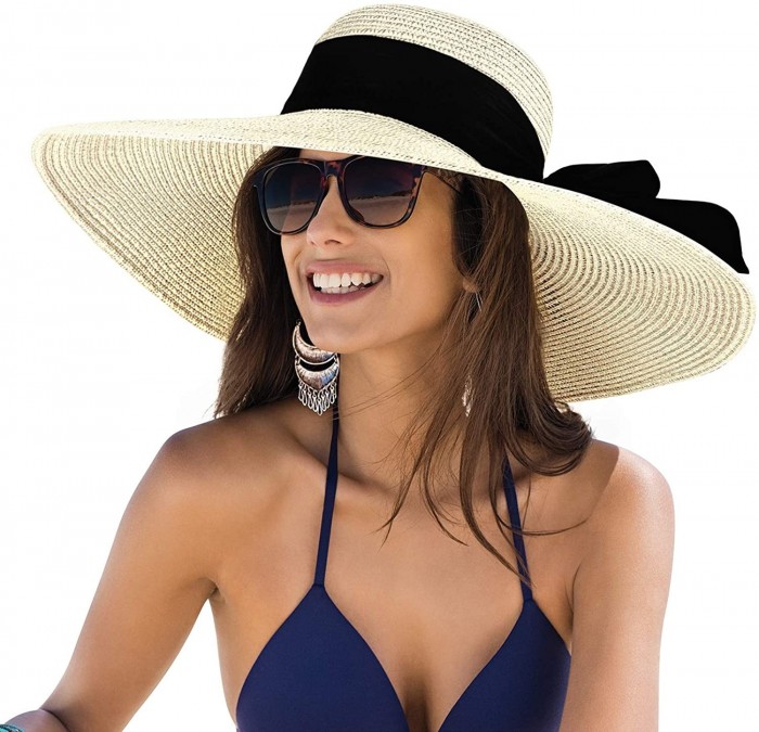 Sun Hats Sun Hats for Women- Floppy Wide Brim Beach Hats with UV UPF 50+ Protection Straw Cap - Beige - CJ18W4QUG4W $23.44