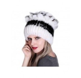 Skullies & Beanies Fur Hat Real Rex Rabbit Fur and Silver Fox Fur Top Flower Shape Cap Women Elastic Winter Warm - White + Bl...