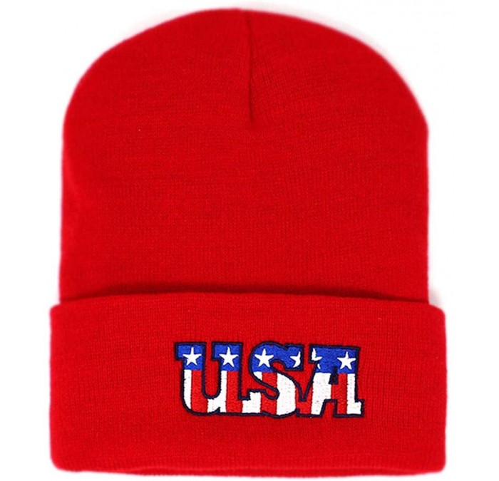 Skullies & Beanies USA Cuff Beanie Hat Winter Skully Hat Knit Ski Hat Toque Made in USA - Red - CT188ZZIGTQ $10.10