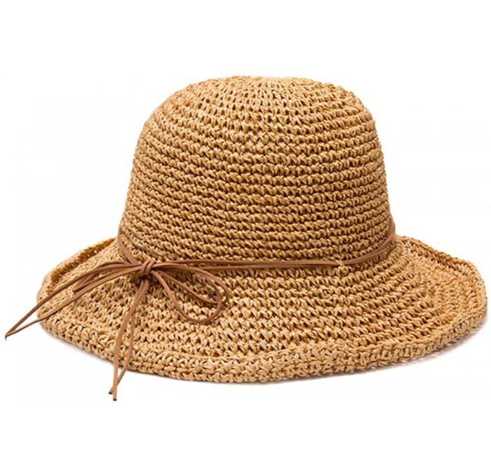 Sun Hats Floppy Straw Hat for Women Foldable Summer Beach Sun Hat - Khaki-bow2 - CJ18TMZUEEZ $8.34