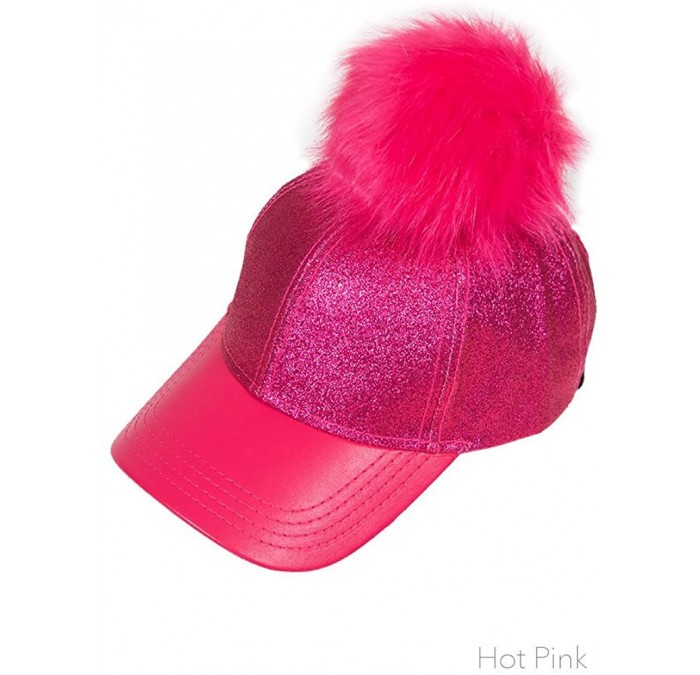 Baseball Caps Glitter Removable Fur Pom Pom Baseball Cap - Hot Pink - C012LHL35MR $31.10