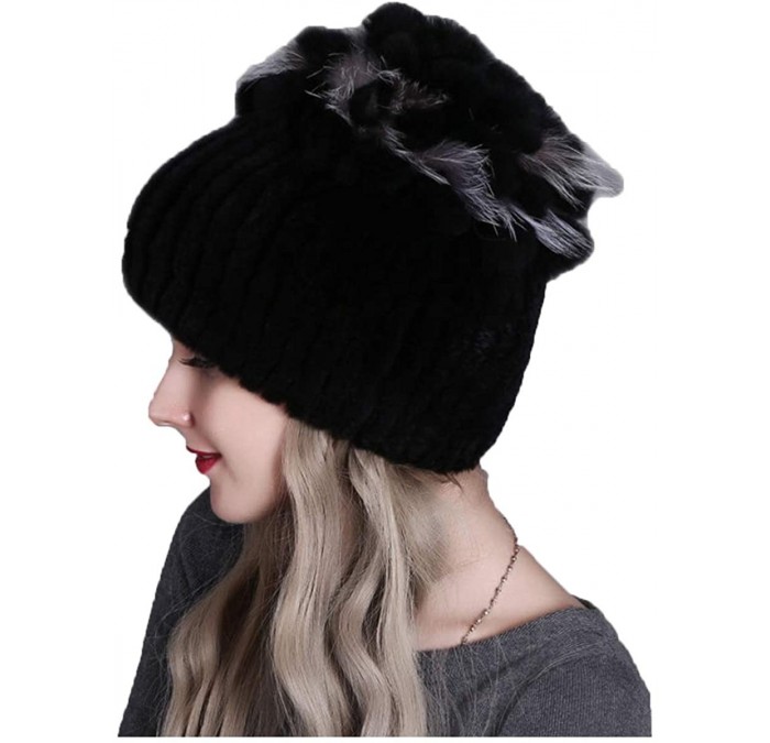 Skullies & Beanies Fur Hat Real Rex Rabbit Fur and Silver Fox Fur Top Flower Shape Cap Women Elastic Winter Warm - Black - C6...