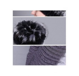 Skullies & Beanies Fur Hat Real Rex Rabbit Fur and Silver Fox Fur Top Flower Shape Cap Women Elastic Winter Warm - Black - C6...