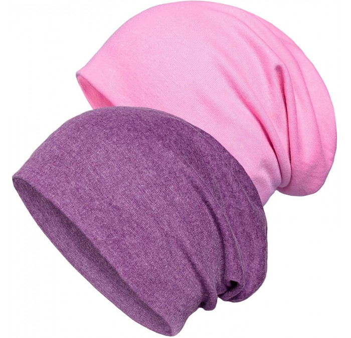 Skullies & Beanies 2 Pack Cotton Slouchy Beanie Hats- Chemo Headwear Caps for Women and Men - Pink/Purple - CM184OZQGHD $19.29