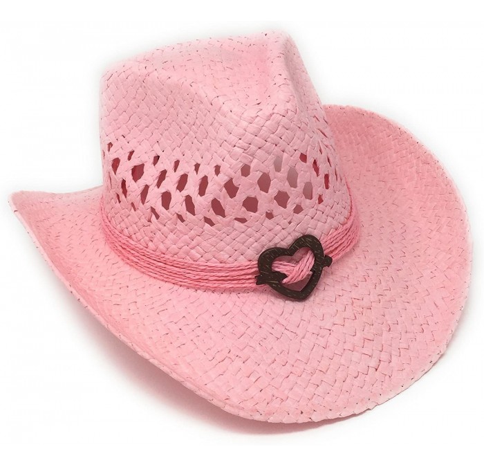Cowboy Hats Boho Hip Cowboy Hat with Heart Concho- Natural Toyo Straw- Shapeable Brim - Pink - CF1882X8IW0 $51.87