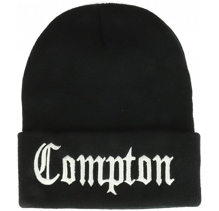 Skullies & Beanies Compton Old English Font Embroidered Long Cuff Beanie - Black - CW1880NU5N6 $11.53
