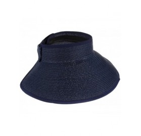 Visors Women Wide Brim Roll-up Striped/Ribbe Straw Sun Visor Packable Summer Beach Hat Bucket Pool Cap - Navy Blue - C512O2ZE...