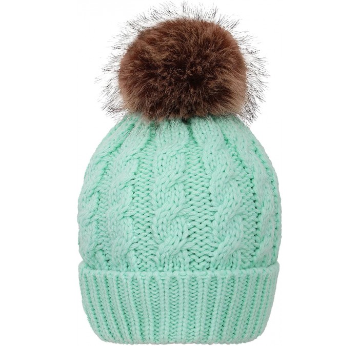 Skullies & Beanies Womens Winter Hand Knit Faux Fur Pompoms Beanie Hat - Light Green - CQ12MX1MZYL $13.30