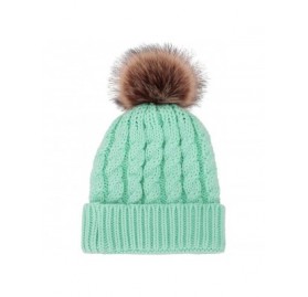 Skullies & Beanies Womens Winter Hand Knit Faux Fur Pompoms Beanie Hat - Light Green - CQ12MX1MZYL $13.30