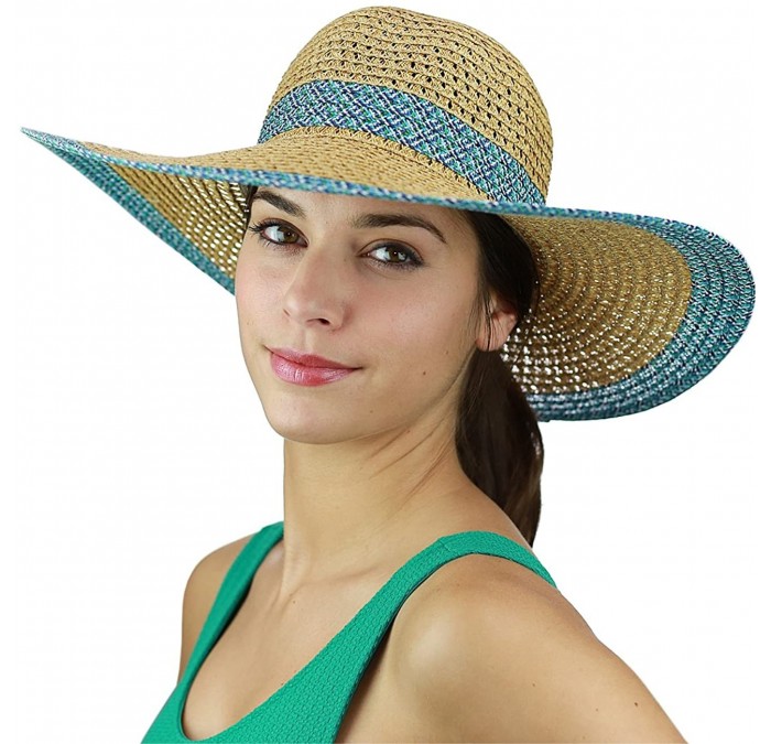 Sun Hats Women's Open Weaved Multicolored Band and Wide Brim Floppy Summer Sun Hat - Aqua Mix - CX17YUCYE2W $12.16