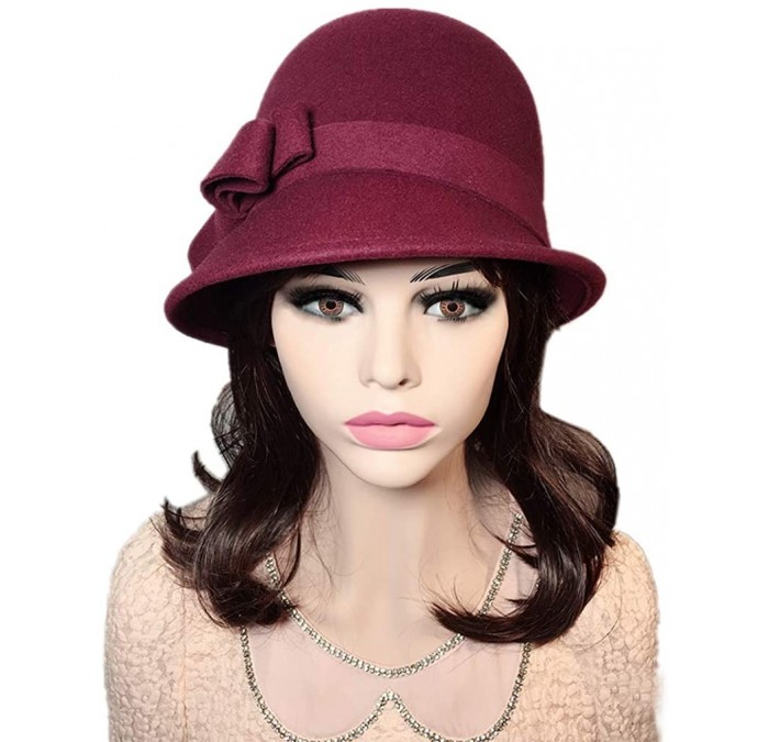 Bucket Hats Womens 100% Wool Contrast Color Bowknot Bucket Hat Cloche Hat Winter Hat - C-wine Red - CX18I80R6AO $36.44