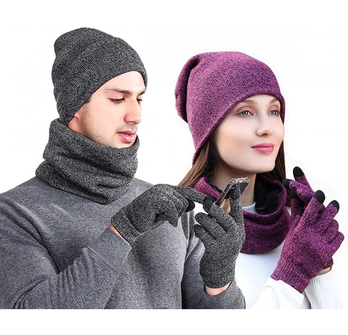 Skullies & Beanies Winter Soft Beanie Hat Cap Scarf Touch Screen Gloves Knitted 3PC Set for Men Women Christmas Gift New Year...