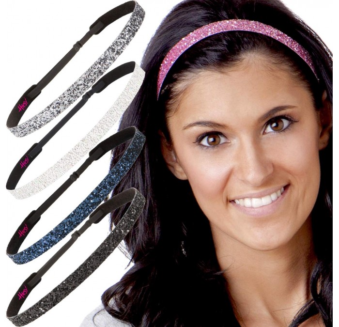 Headbands Womens Adjustable Glitter Headband - Skinny Black/White/Navy/Light Pink/Gunmetal 5pk - CE18Y7LDO76 $41.30