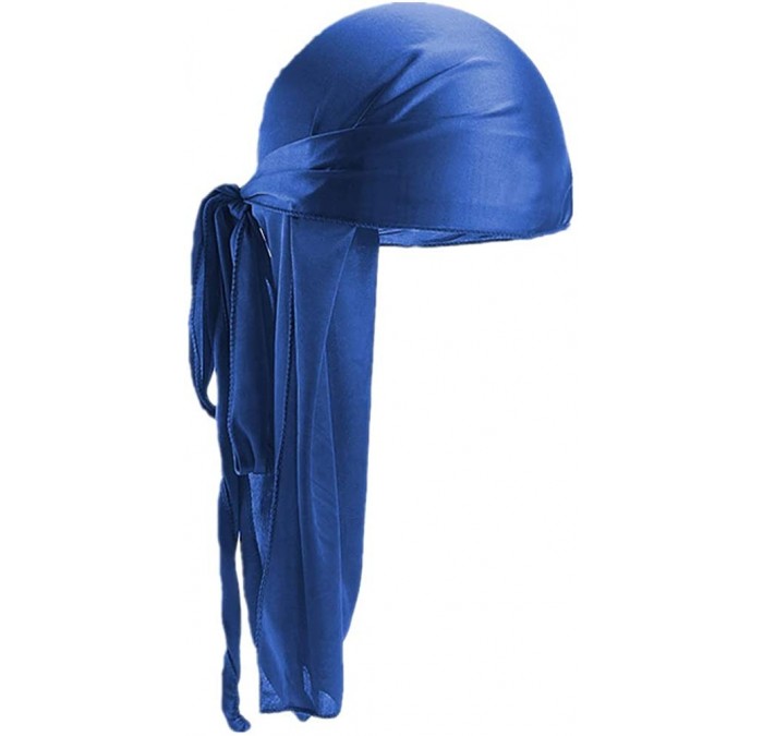 Skullies & Beanies Men Women Durag Extra Long-Tail Headwraps Silky Satin Pirate Cap Bandana Hat for 360 Waves - Blue - C318LE...