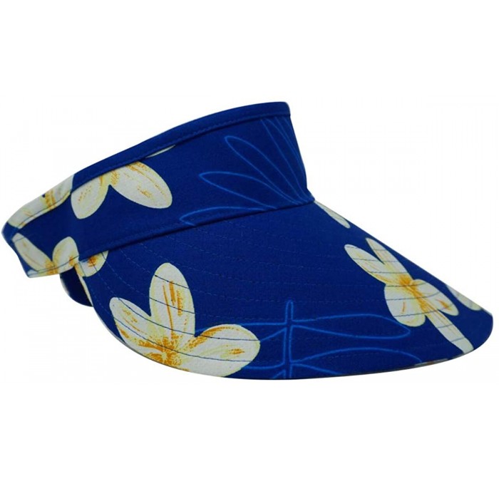 Visors Tropical Hawaiian Floral Print Visor Sun Hat - Plumeria All Over Blue - CJ18TDATTCM $13.93