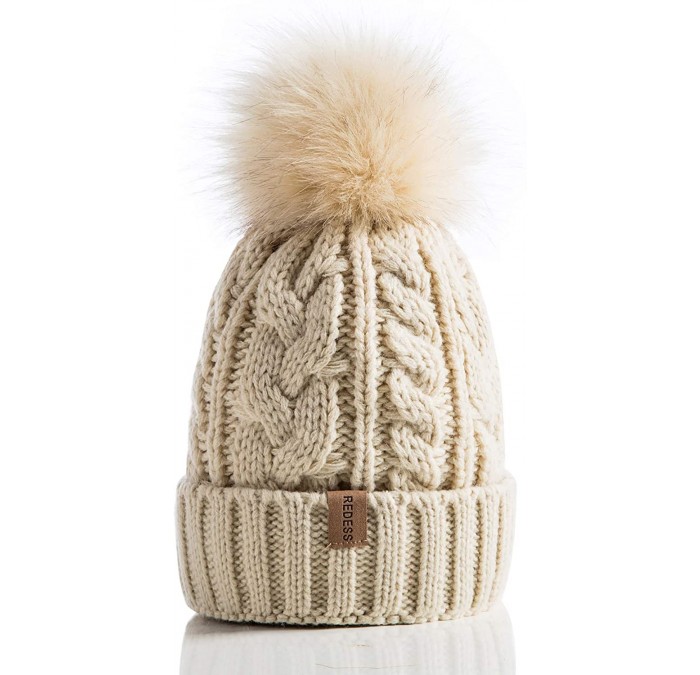 Skullies & Beanies Women Winter Pompom Beanie Hat with Warm Fleece Lined- Thick Slouchy Snow Knit Skull Ski Cap - 1 Beige. - ...