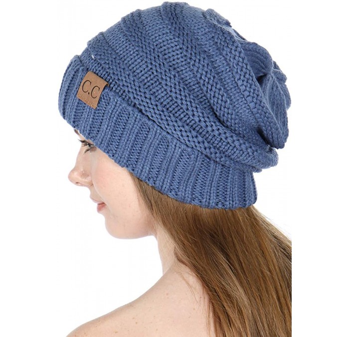 Skullies & Beanies Beanies for Women - Slouchy Knit Beanie hat for Women- Soft Warm Cable Winter Chunky Hats - Dark Denim - C...