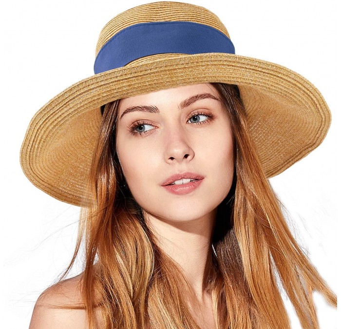 Sun Hats Women Straw Sun Hat Bowknot Floppy Foldable Wide Brim Summer Beach Bucket Hat - Sapphire - Beige - CH196I7HGAX $13.14