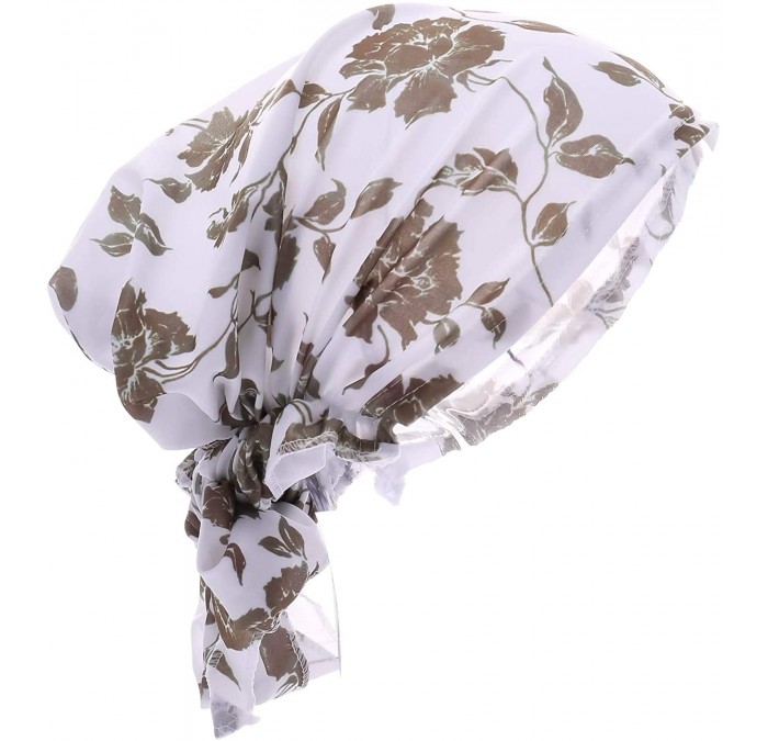 Skullies & Beanies Women Chemo Headscarf Pre Tied Hair Cover for Cancer - White Brown Flower - CI198KMULDM $22.34