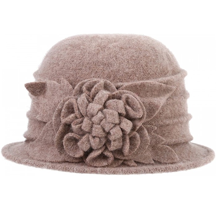 Bucket Hats 1920s Gatsby Womens Flower 100% Wool Warm Beanie Bow Hat Cap Crushable - Khaki - CU188KY0EXT $26.58