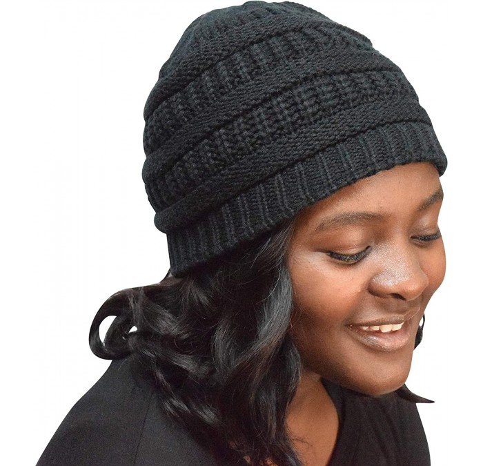 Skullies & Beanies Satin Lined Knit Hat Frizz - Preventing Beanie Cap for Natural Hair Protection - Black - CC18R9GQE4T $42.35