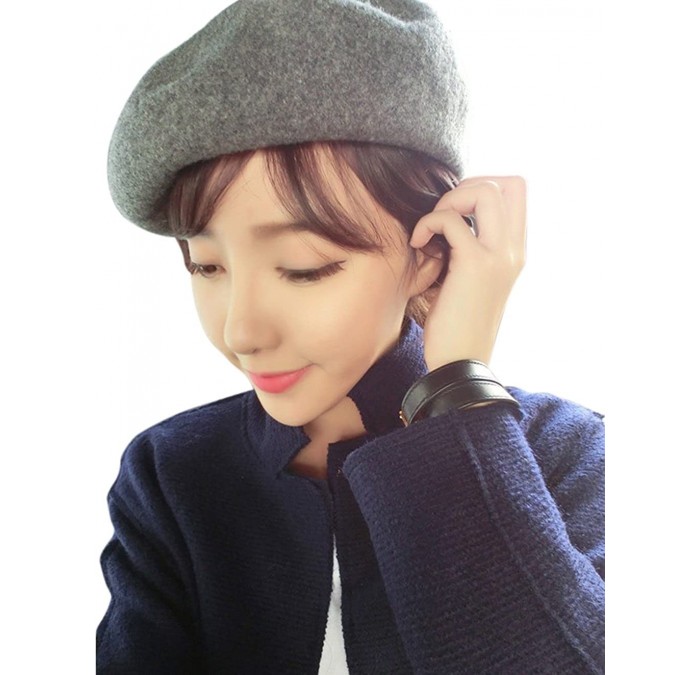 Berets French Beret - Wool Solid Color Womens Beanie Cap Hat - Grey - C812N2IV0HN $20.48