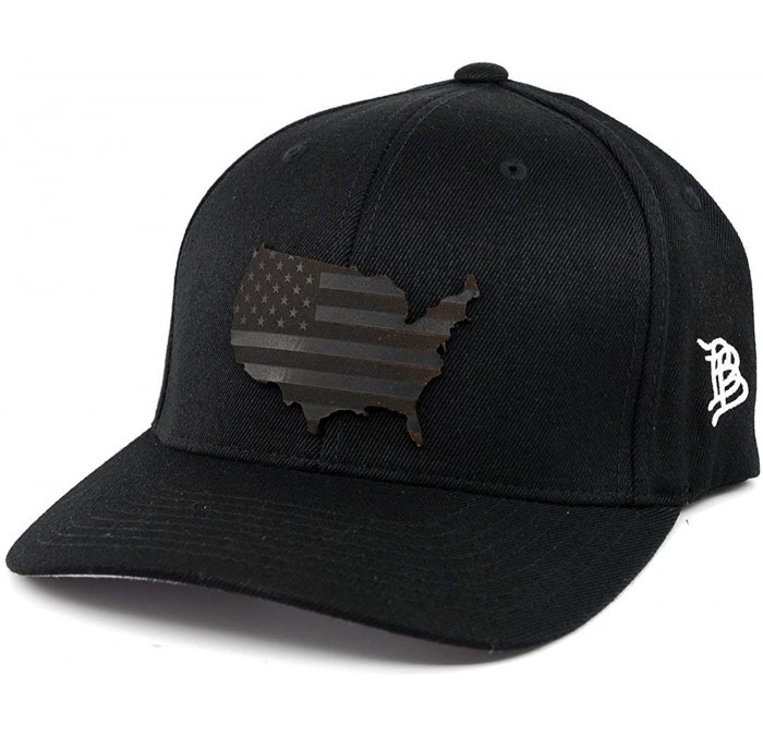 Baseball Caps 'Midnight Patriot' Dark Leather Patch Flex Fit Fitted Hat - Black - C118IGQAXQU $82.04