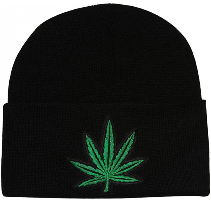 Skullies & Beanies Black Cuff Marijuana Leaf Knitted Beanie - CJ11ES5JQV9 $8.71