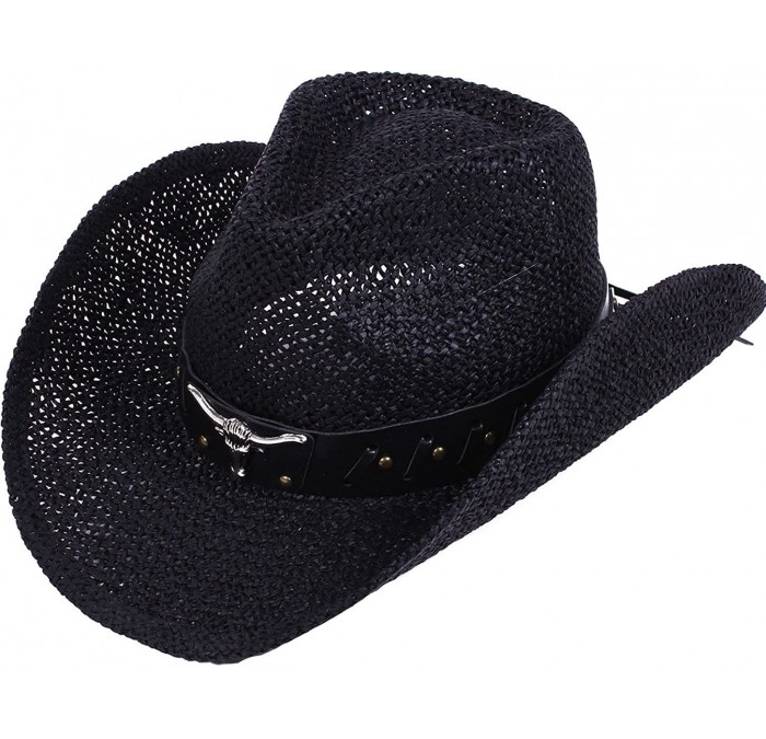 Cowboy Hats Men and Women Sun Hat Costume Straw Cowboy Hat with Decors - Black_bull - CZ18HNCCASZ $46.76