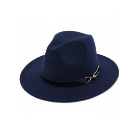 Fedoras Women Men Wool Felt Fedora Hats with Belt Buckle Wide Flat Brim Jazz Party Formal hat Panama Cap - Sapphire Blue - CS...