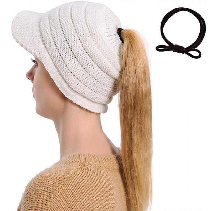 Skullies & Beanies Beanie Women Knit Cap High Bun Ponytail Knitted Visor Beanie Warm Soft Stretch Hat Toque - Style B White -...