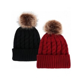 Skullies & Beanies Womens Winter Hand Knit Faux Fur Pompoms Beanie Hat - Blackburgundy - CG12BYRS9ED $17.35