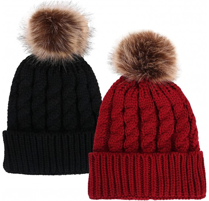 Skullies & Beanies Womens Winter Hand Knit Faux Fur Pompoms Beanie Hat - Blackburgundy - CG12BYRS9ED $47.71