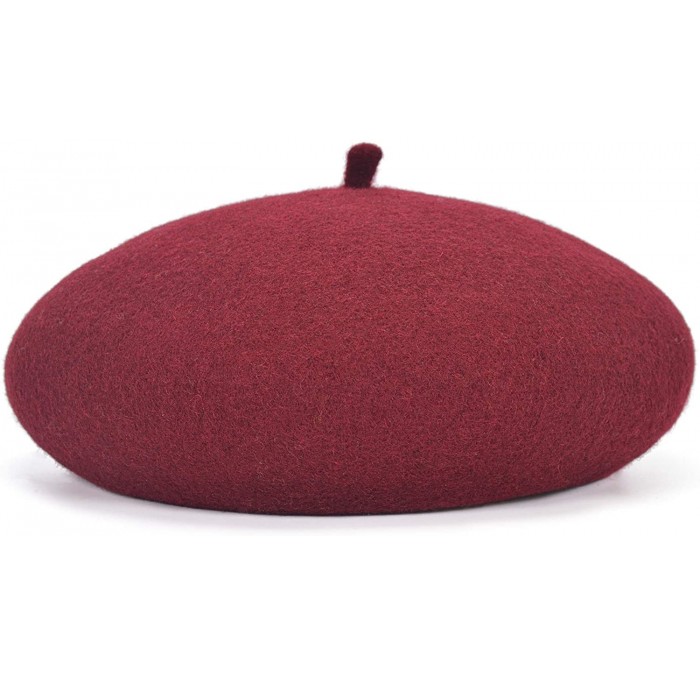 Berets Women's 100% Wool French Beret Hat Solid Color Black Beret Hats for Women - Wine Red - CA18ZDRD3DA $25.35