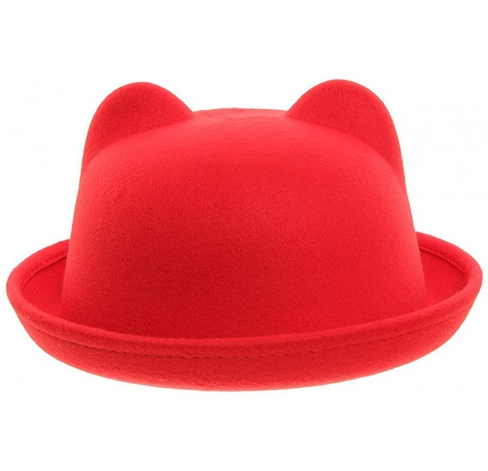 Bomber Hats Women Wool Felt Cat Ear Roll-up Hat Fedora Bowler Head Circumference 22.5" - Red - CX127E5KIAV $21.44