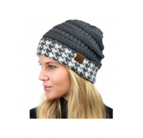 Skullies & Beanies Cable Knit Soft Stretch Multicolor Houndstooth Stitch Cuff Skully Beanie Hat - Houndstooth Dark Melange Gr...