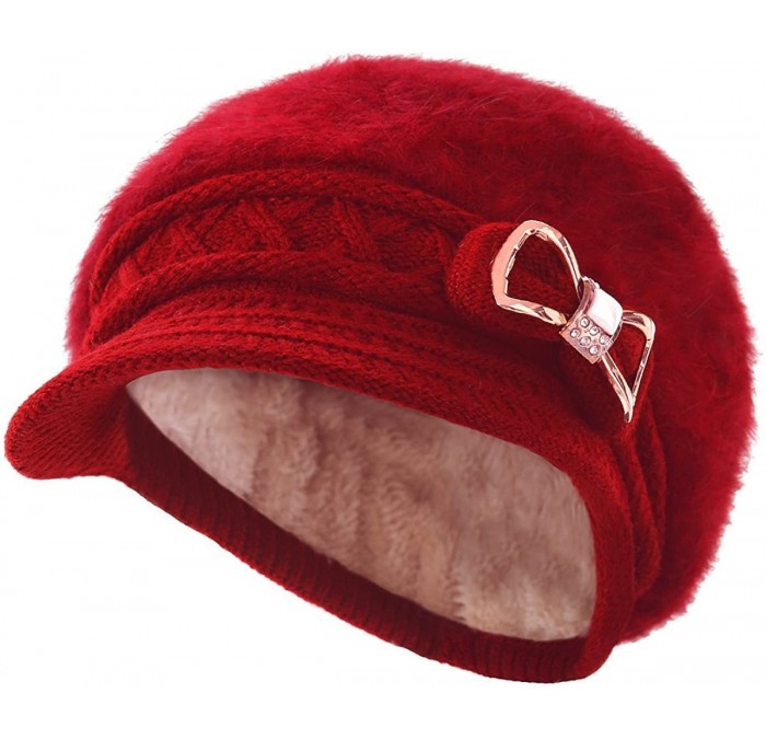 Newsboy Caps Lady Knit Newsboy Cap Beret Hats s Crystal Bow Angora Plush Winter Beanie Crochet - Red - CR12NERPRDY $28.32
