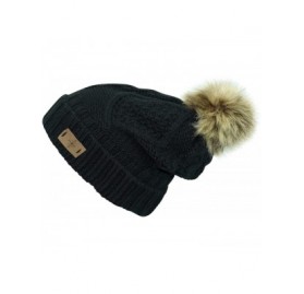Skullies & Beanies Fleece Lined Cable Knit Beanie Cap Hat with Pom Pom - Black - CD12O2IBV4P $14.26