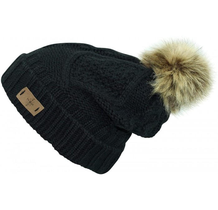 Skullies & Beanies Fleece Lined Cable Knit Beanie Cap Hat with Pom Pom - Black - CD12O2IBV4P $36.50