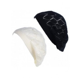 Berets Chic Parisian Style Soft Lightweight Crochet Cutout Knit Beret Beanie Hat - 2-pack Leafy White & Black - CY18EOR32KO $...
