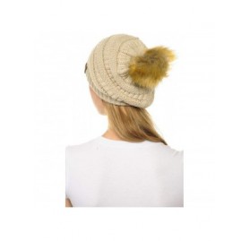 Skullies & Beanies Hat-43 Thick Warm Cap Hat Skully Faux Fur Pom Pom Cable Knit Beanie - Beige - C518X9YDX7K $16.38