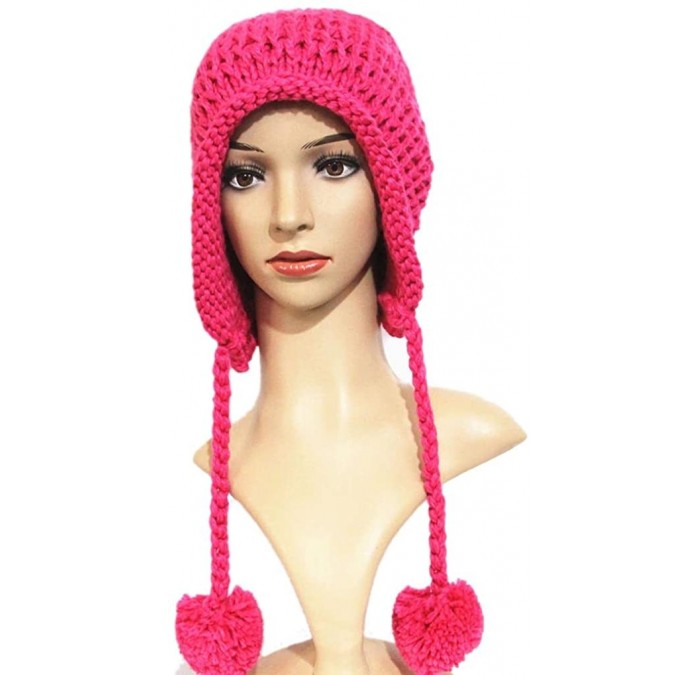 Skullies & Beanies Women Hat Handmade Crochet Braided Pompom Beanie Knit Caps Warm Winter - Rose - CK189WQSMQS $23.16