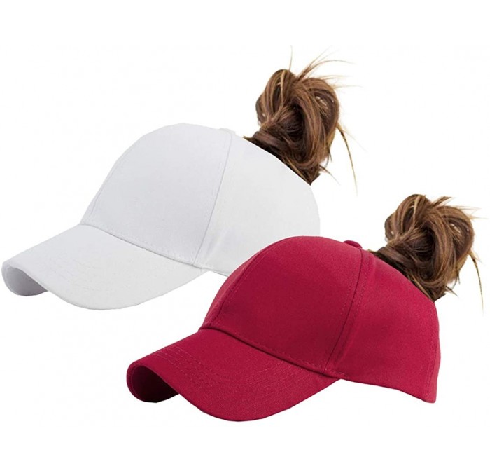 Baseball Caps Cotton Ponytail Hats Baseball for Women Adjustable Solid Color - Burgundy+white - CR18N96803H $16.28