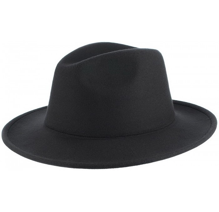 Fedoras Men's Warm Wool Blend Dent Trilby Flat Brim Fedora Hat Panama Wool Gentleman Hat - Black - CF186REZW2L $9.35