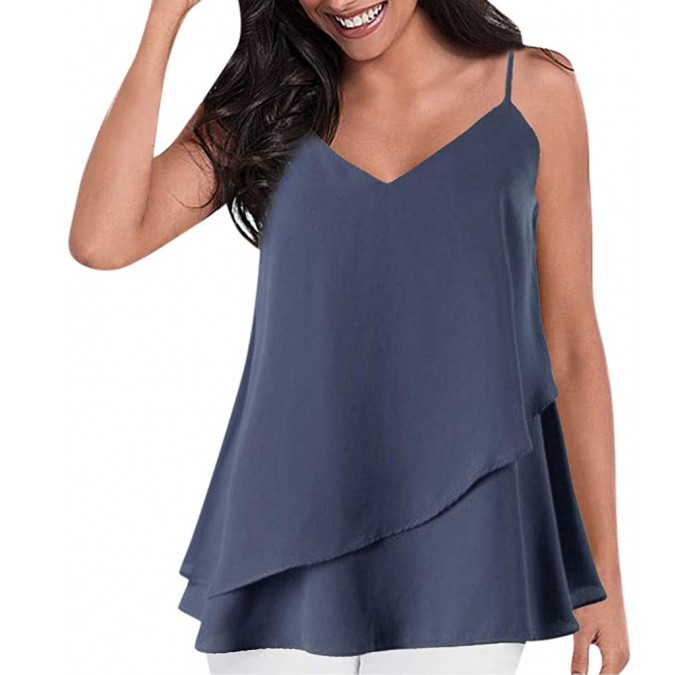 Rain Hats Women's Sexy Tops Fashion Solid Color Small Strap Double Ruffled Camisole Blouse - Navy - CR18SSC2SKR $17.97